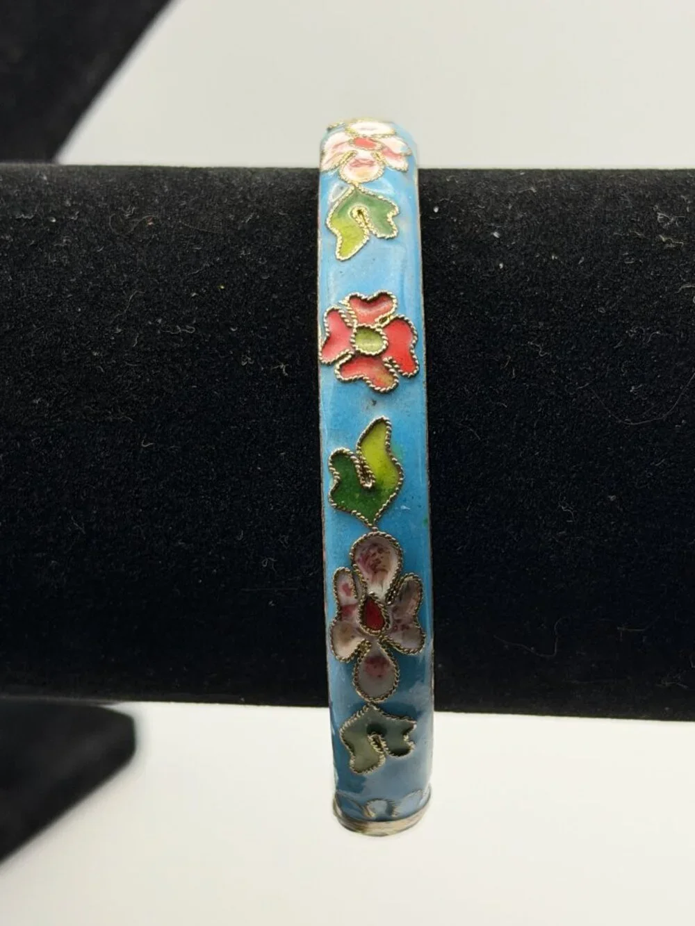 VTG Cloisonné Bracelet Bangle Cobalt Blue Enamel Gold Floral Hinged 3